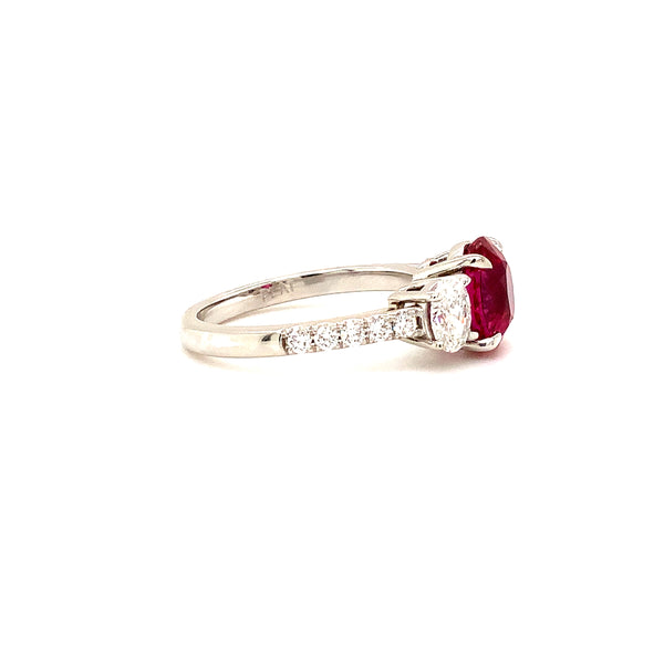 fine oval ruby 2.55 cts and diamond ring set in platinum one of a kind.