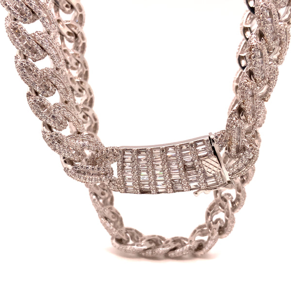 sterling silver 22" cz chain with baguettes and brilliants paved in a curb link 12 mm wide