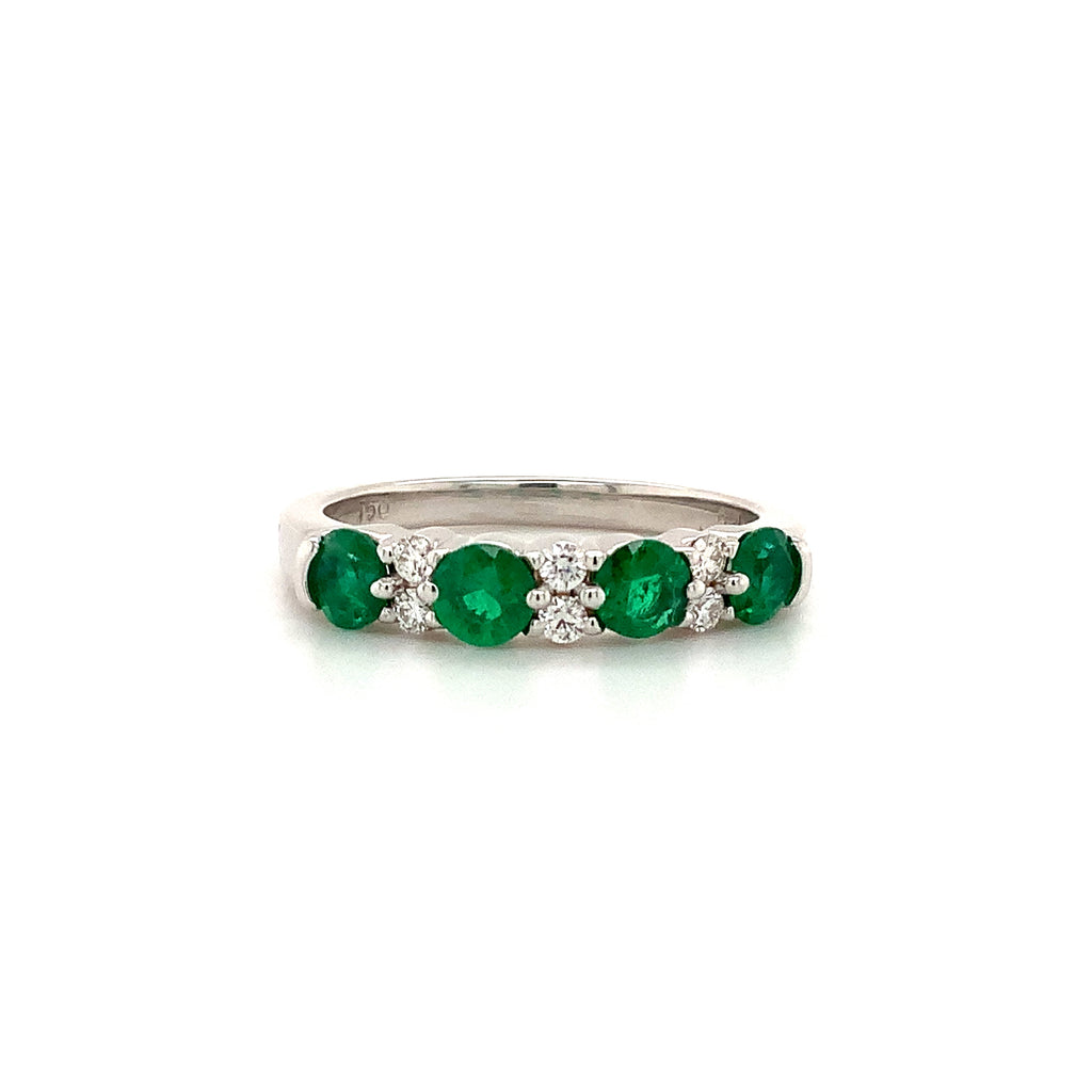 classic emerald and diamond straight line shared prong band in 18k white gold