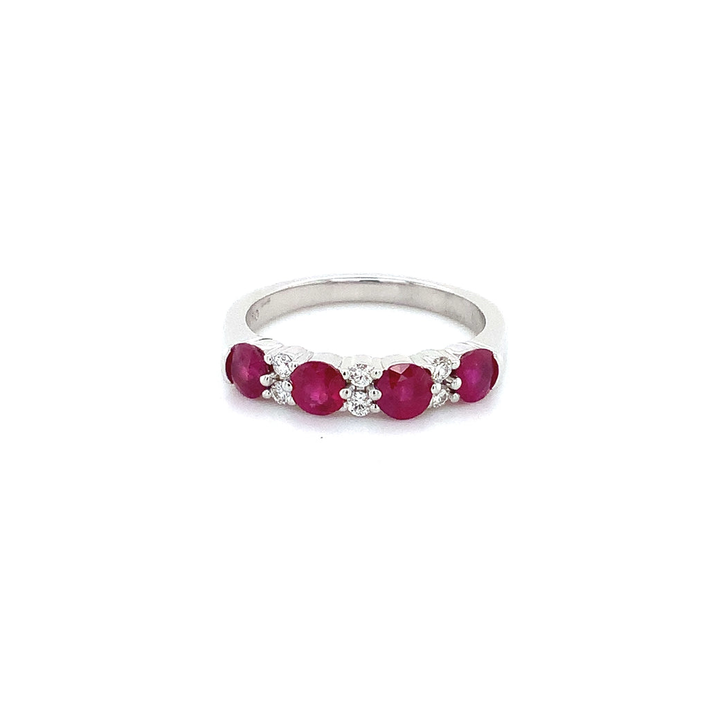 ruby and diamond round brilliant cut  18k white gold straight line band