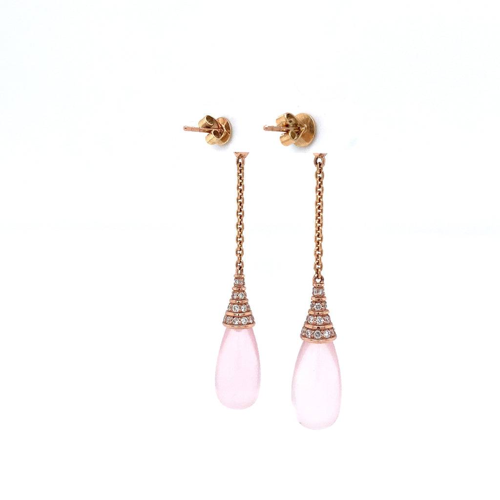 deco inspired cabochon briolette rose quartz, garnet and paved diamond elegant drop earrings in 14k rose gold