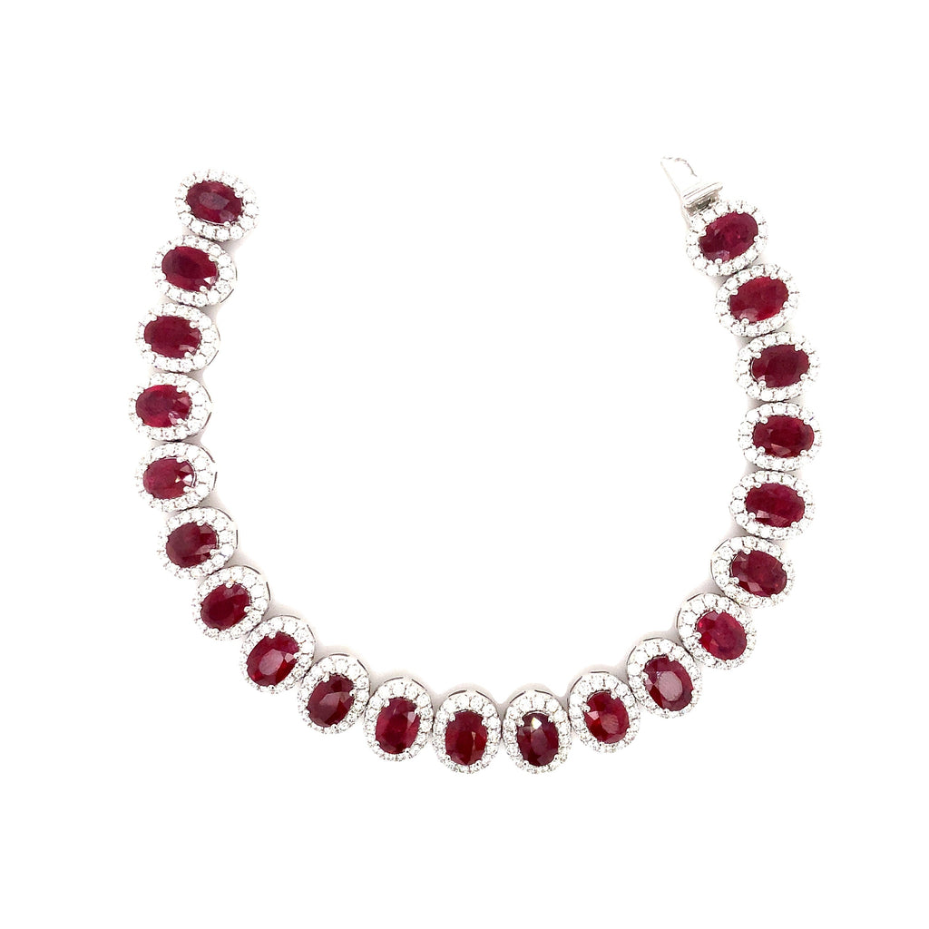 roman + jules oval shape natural  ruby and diamond bracelet set in 18k white gold