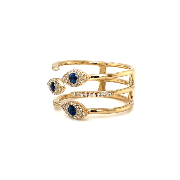 evil eye diamond and sapphire ring set in 14k yellow gold