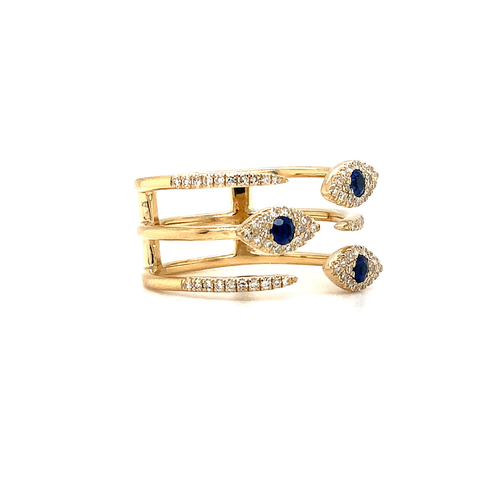 evil eye diamond and sapphire ring set in 14k yellow gold