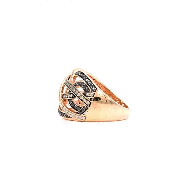 six intertwined rows of paved black, chocolate and white diamond ring 14 karat rose gold 0.95 cts t.w.
