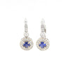 blue sapphire and diamond halo leverback  drop earrings 14k white gold