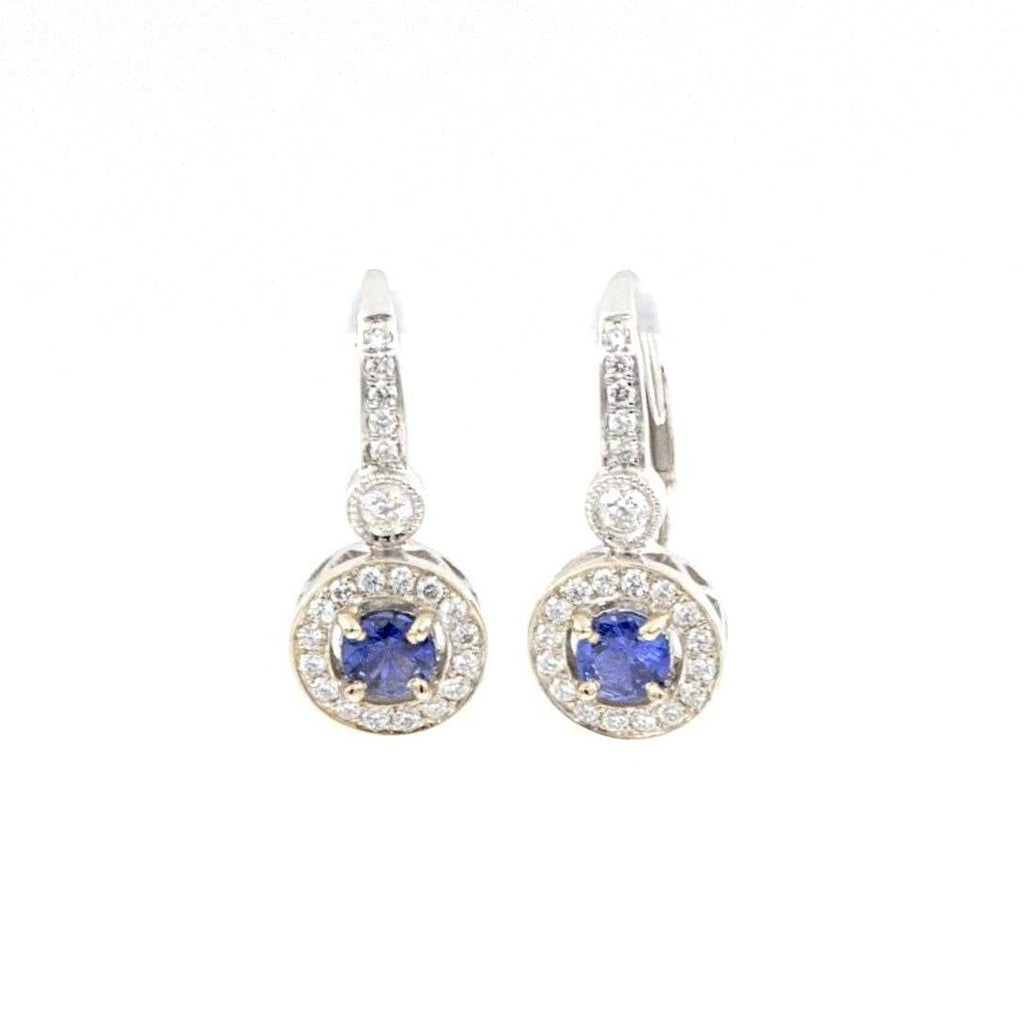blue sapphire and diamond halo leverback  drop earrings 14k white gold