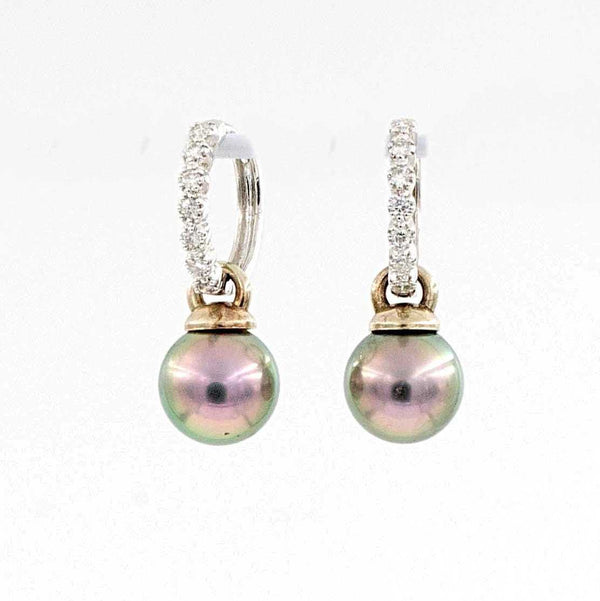 tahitian cultured aaa+ 9 mm pearl and diamond huggie drop earring 14k white gold