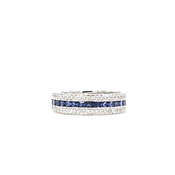blue sapphire princess cut and round brilliant cut diamond band 18k white gold