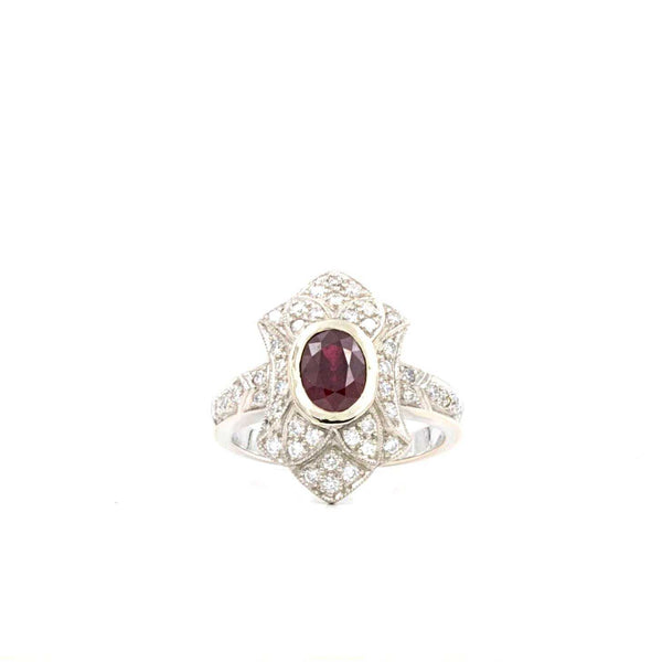 vintage revival oval cut ruby and diamond ring 14k white gold
