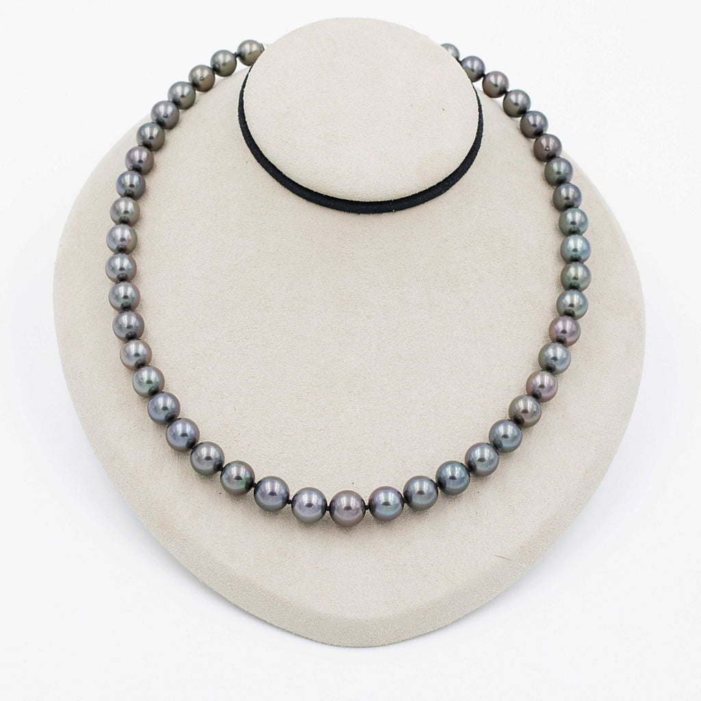 cultured tahitian 8.2 -10 mm pearls 17 inch necklace with a fancy 14 kt white gold clasp.