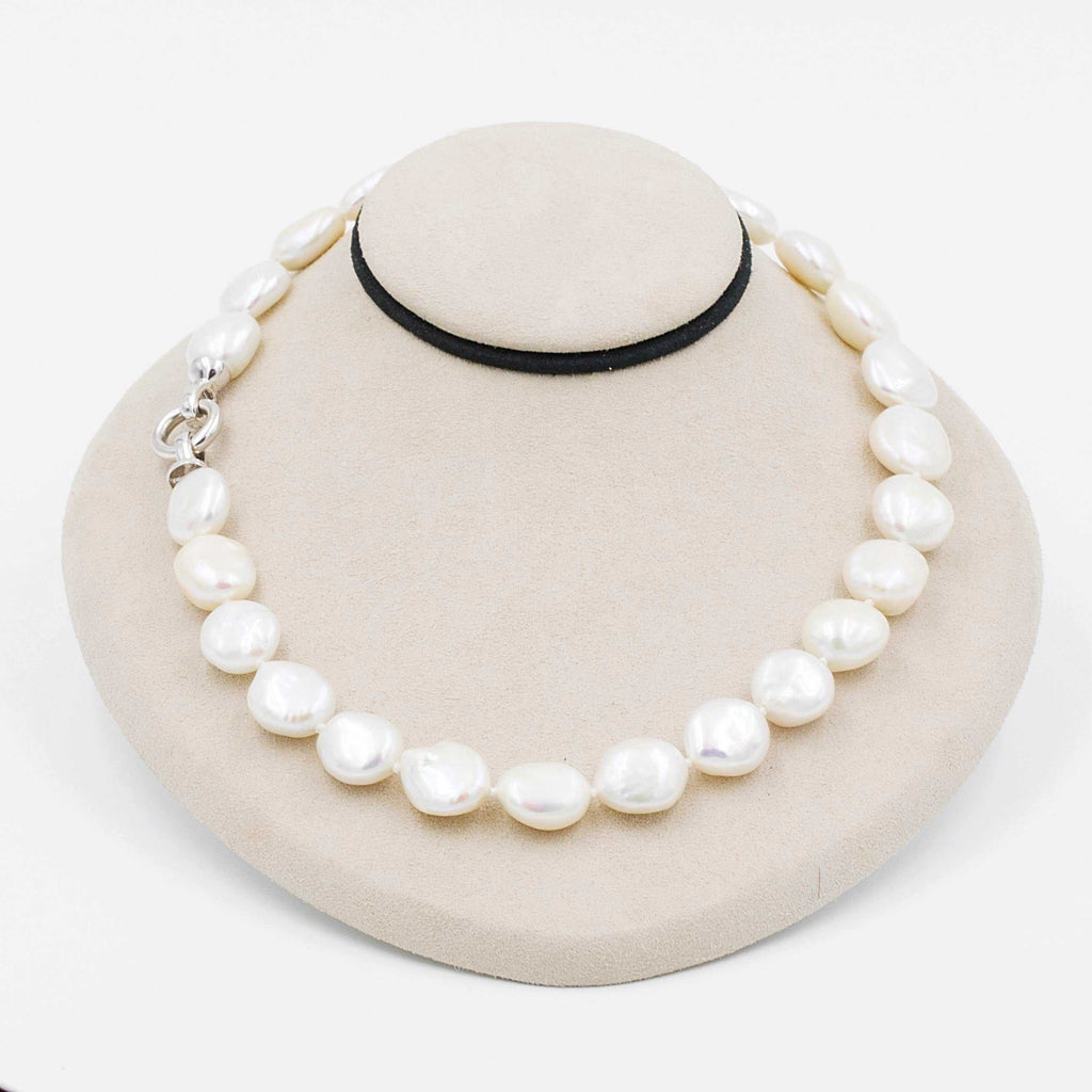 white fresh water coin pearls individually knotted necklace sterling silver clasp 16 inch length