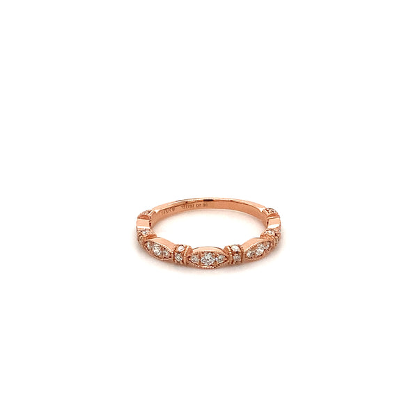 fancy stackable diamond pave band set with brilliant cut diamonds in 14 kt rose gold.