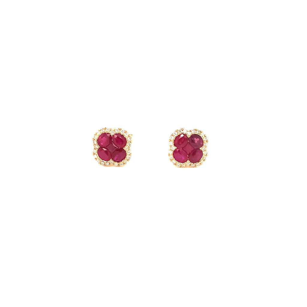 ruby and diamond cluster oval and princess cut post earrings in 14 kt yellow gold.