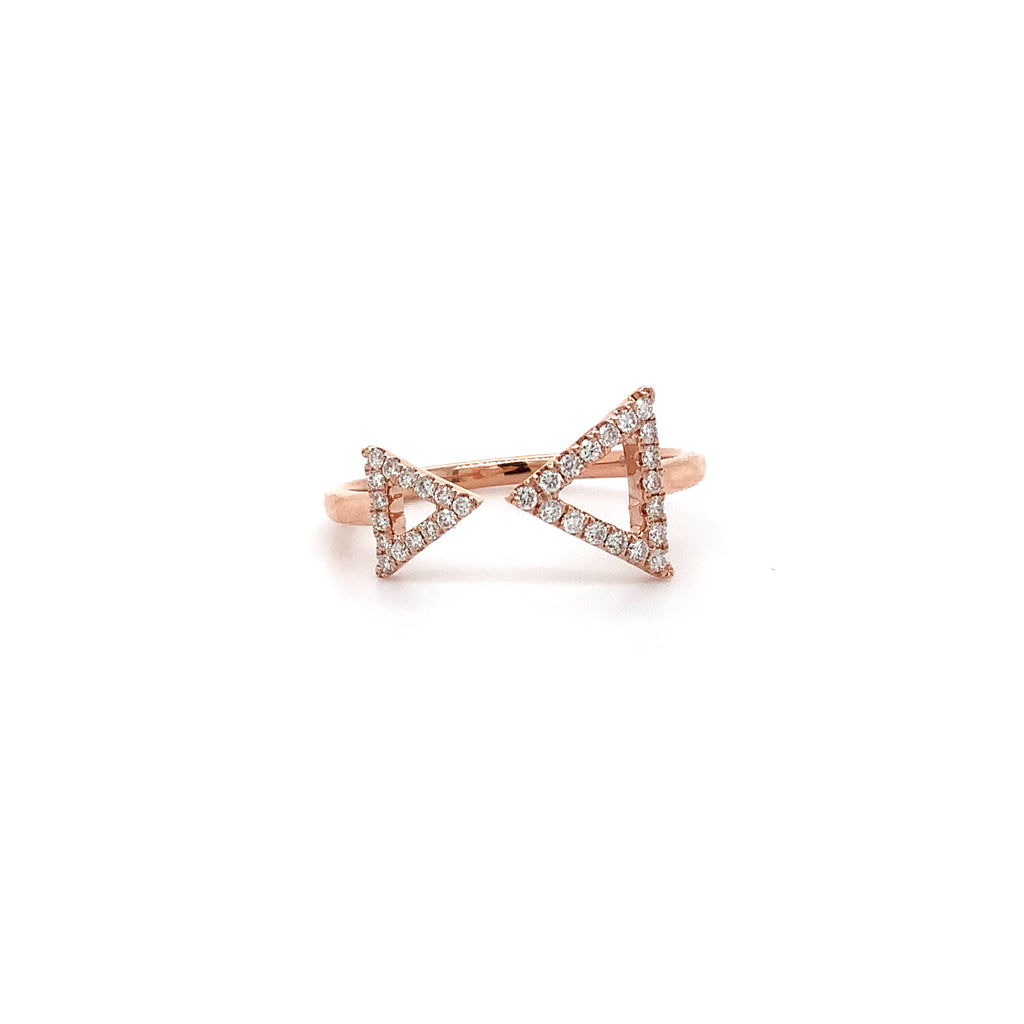 double triangular negative space diamond ring set in 14 kt rose gold.