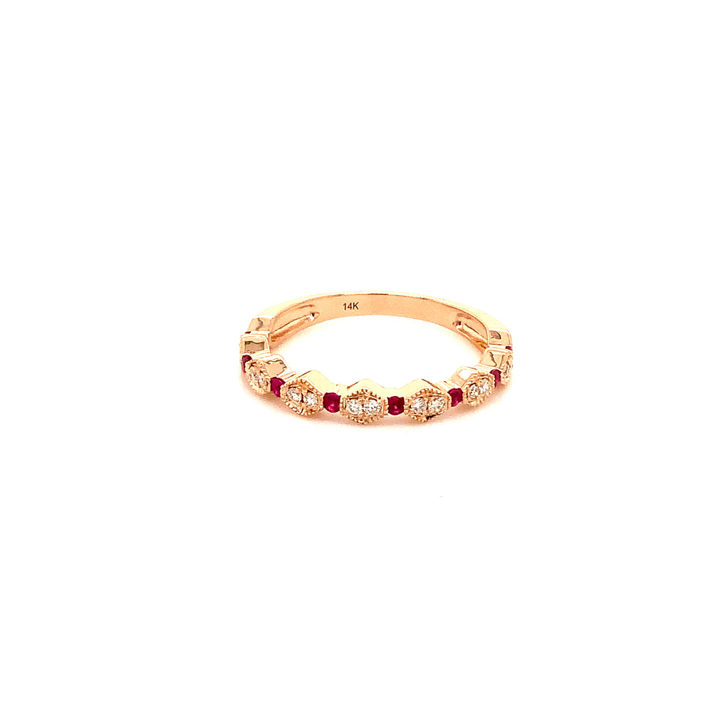vintage inspired stackable ruby and diamond band set in 14 kt rose gold