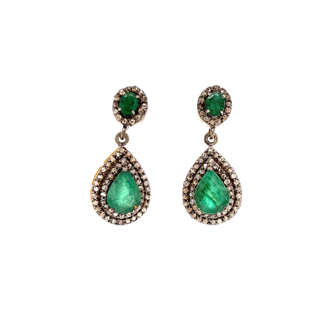 oval and pear shaped emerald with diamond halo drop earring oxidized silver and gold vermeil