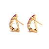 gem quality ruby and diamonds "j" hoop clip & post ruby earrings in 14 kt yellow gold.