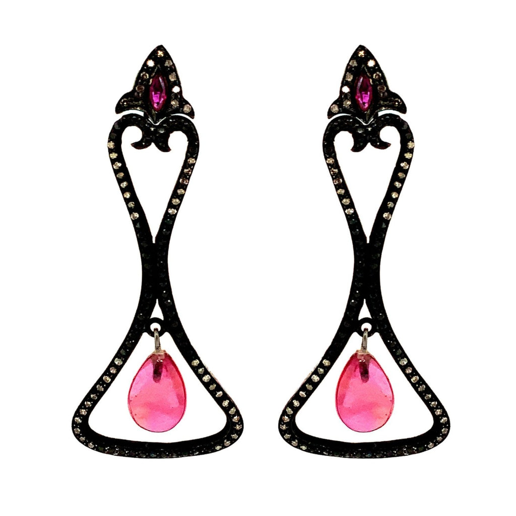oxidized silver briolette ruby and black diamond lavalier  drop earring