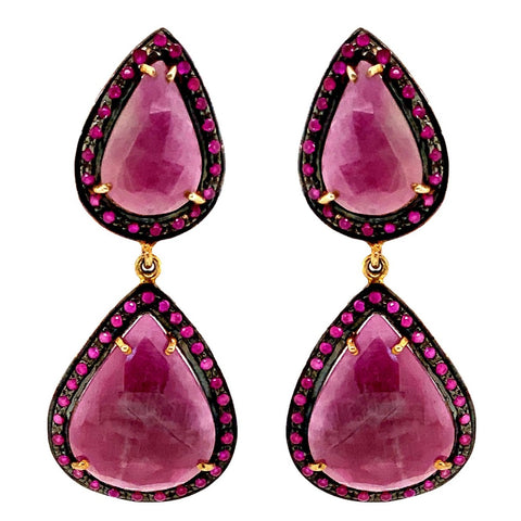 oxidized sterling silver and gold vermeil double teardrop pink sapphire and ruby slice earring