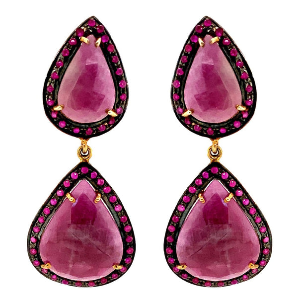 oxidized sterling silver and gold vermeil double teardrop pink sapphire and ruby slice earring