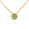 columbian emerald and diamond  halo pendant floral inspired in 18 kt yellow gold necklace.