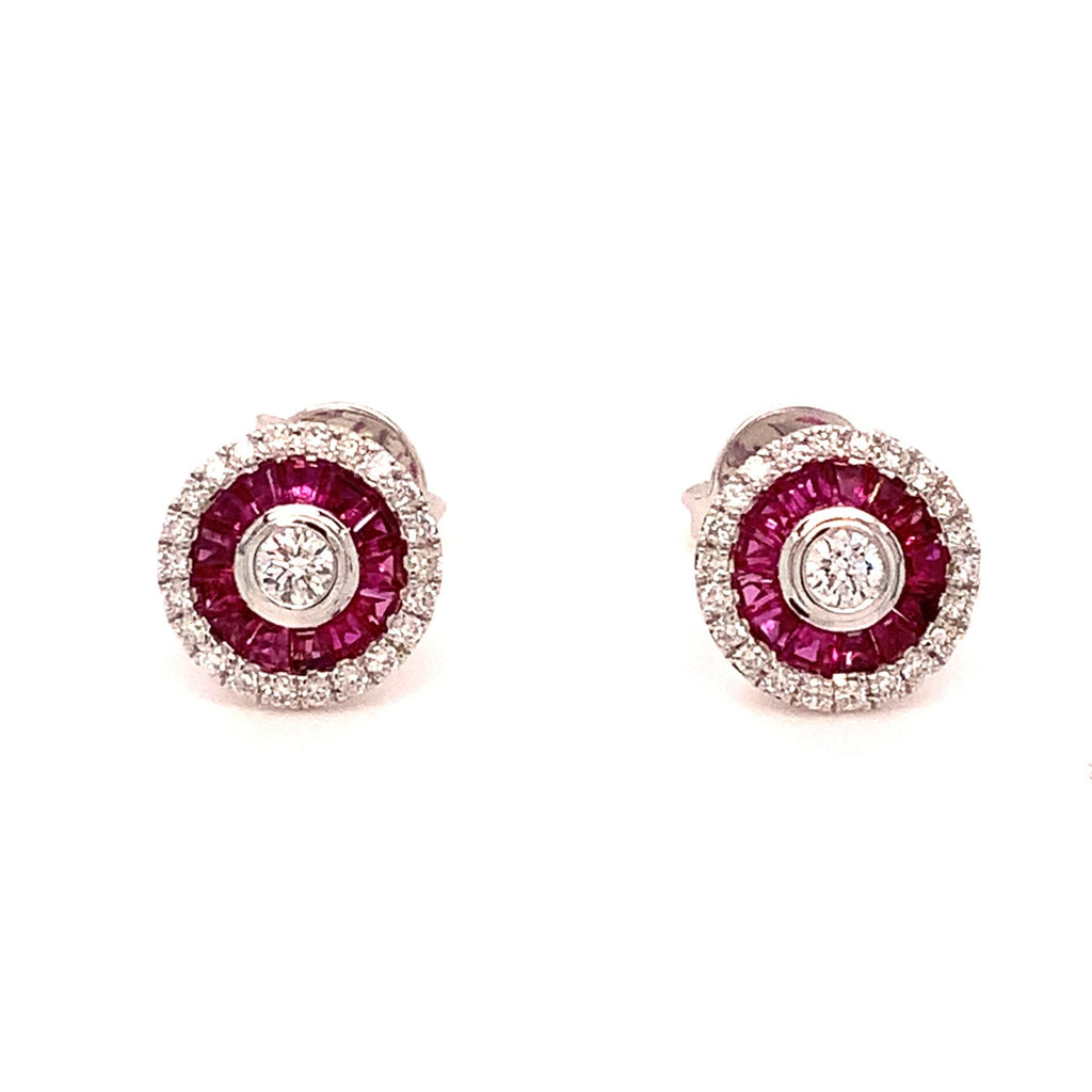 deco style ruby baguette and brilliant cut diamond earring set in 14 kt white gold.