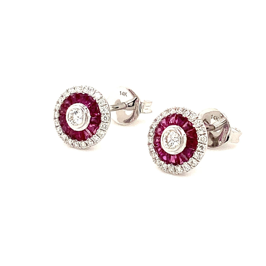 deco style ruby baguette and brilliant cut diamond earring set in 14 kt white gold.