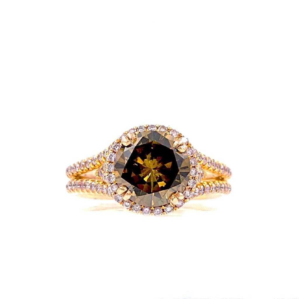 natural fancy intense cognac and pink diamond halo ring 14 kt rose gold