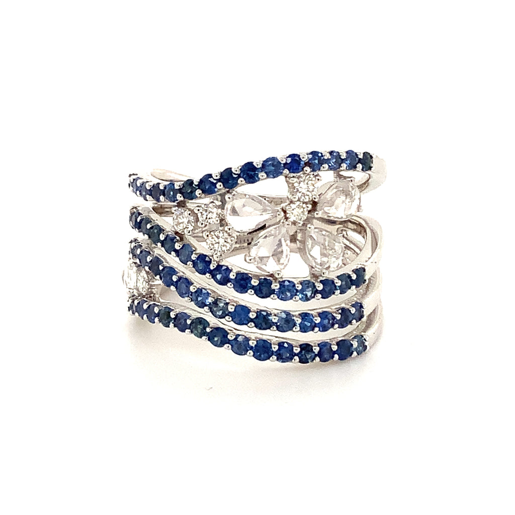 blue and white sapphire diamond floral band design set in 18 kt white gold