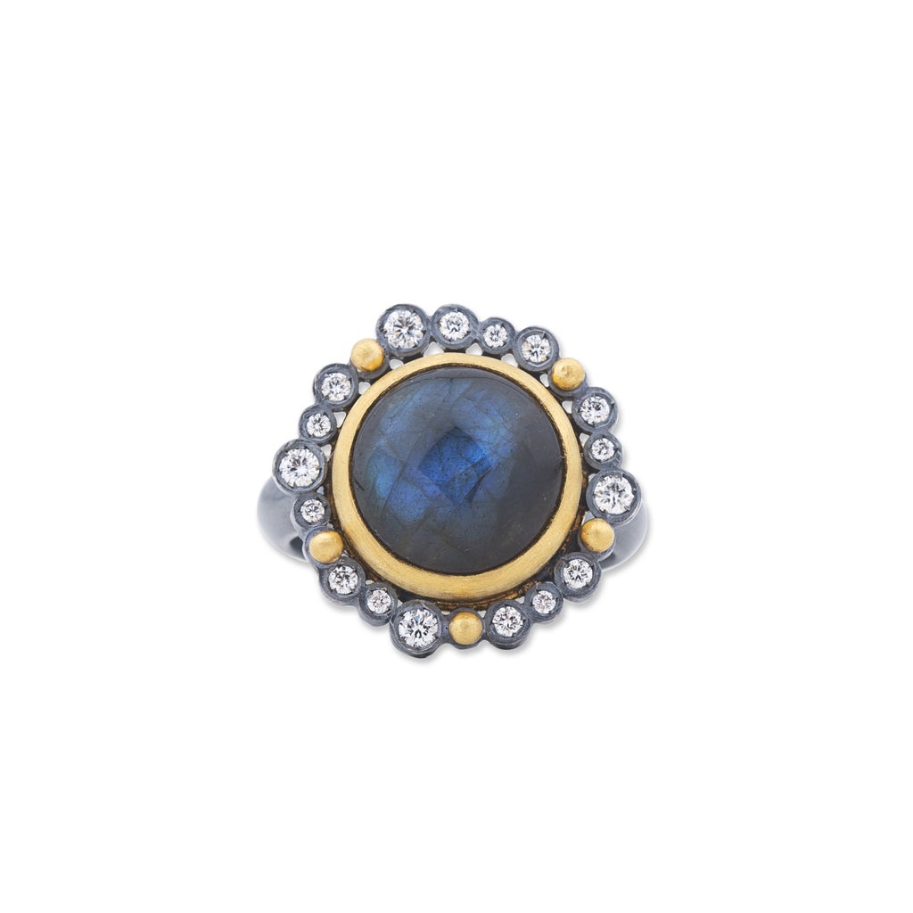 lika behar dylan ring with diamonds equal 0.26ctw and labradorite equal 6.39ctw 24k gold and oxidized sterling silver