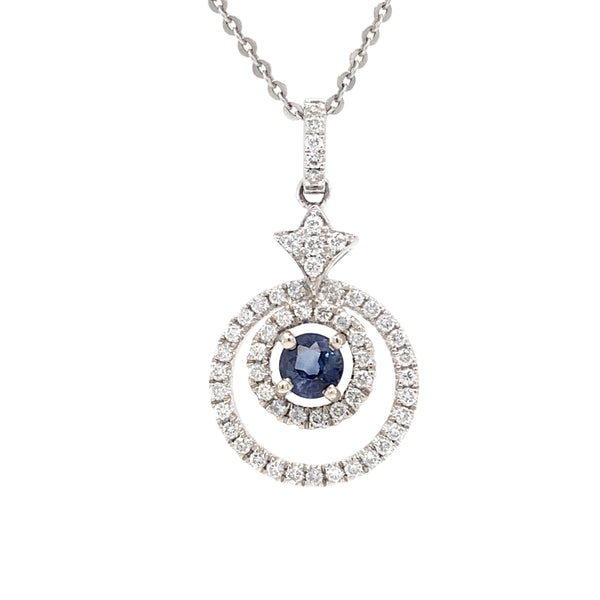 blue sapphire and diamond circle of life diamond pendant 14 kt white gold