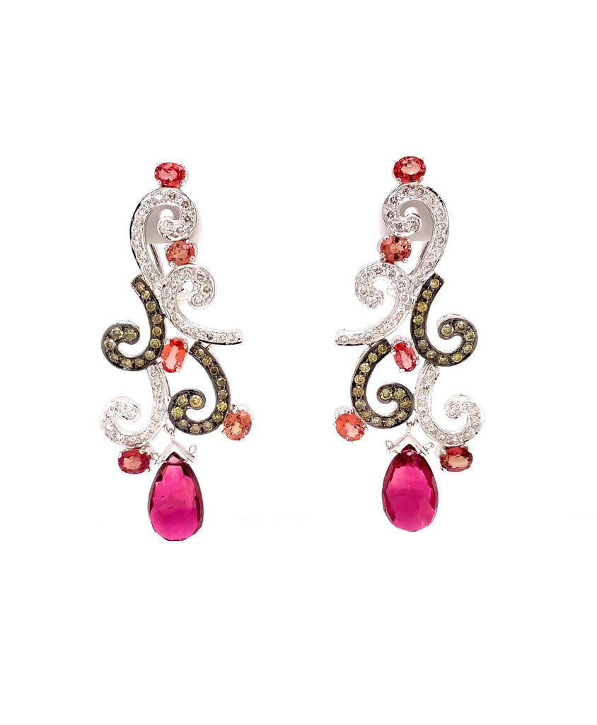 pink tourmaline, padparasha, fancy yellow and white diamond lavalier drop statement earrings.