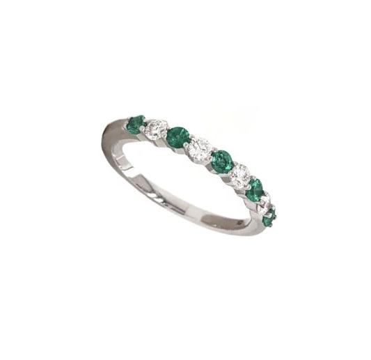 classic emerald and diamond straight line shared prong band in 14k white gold