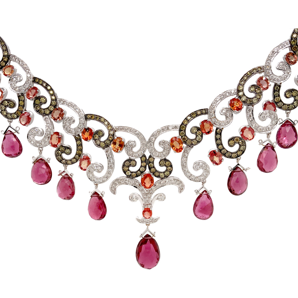 contessa statement necklace, diamonds, padparashas, pink tourmaline in 18 kt white gold