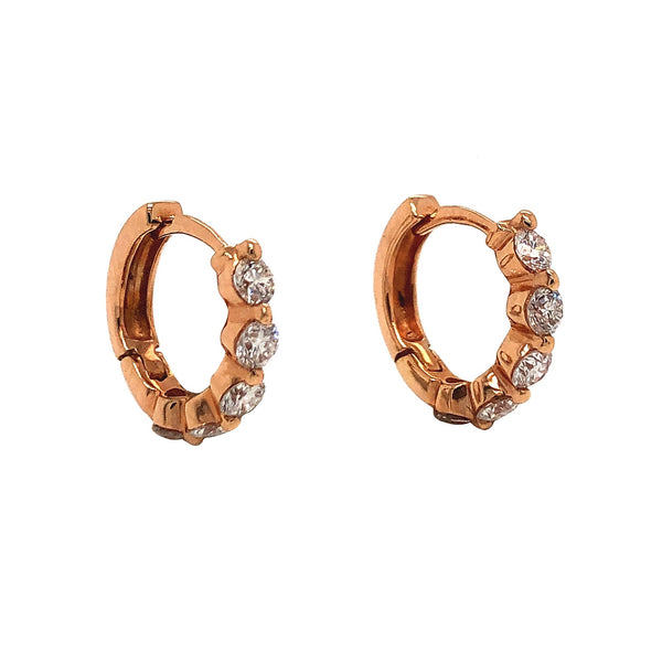 diamond huggie hoop earrings 18k rose gold 5 stones shared prong design