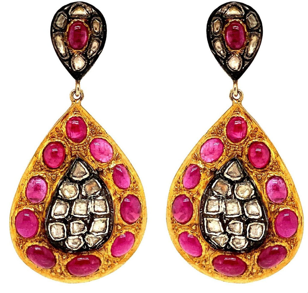 oxidized silver and gold vermeil double teardrop  earring with cabochon ruby and polki diamond