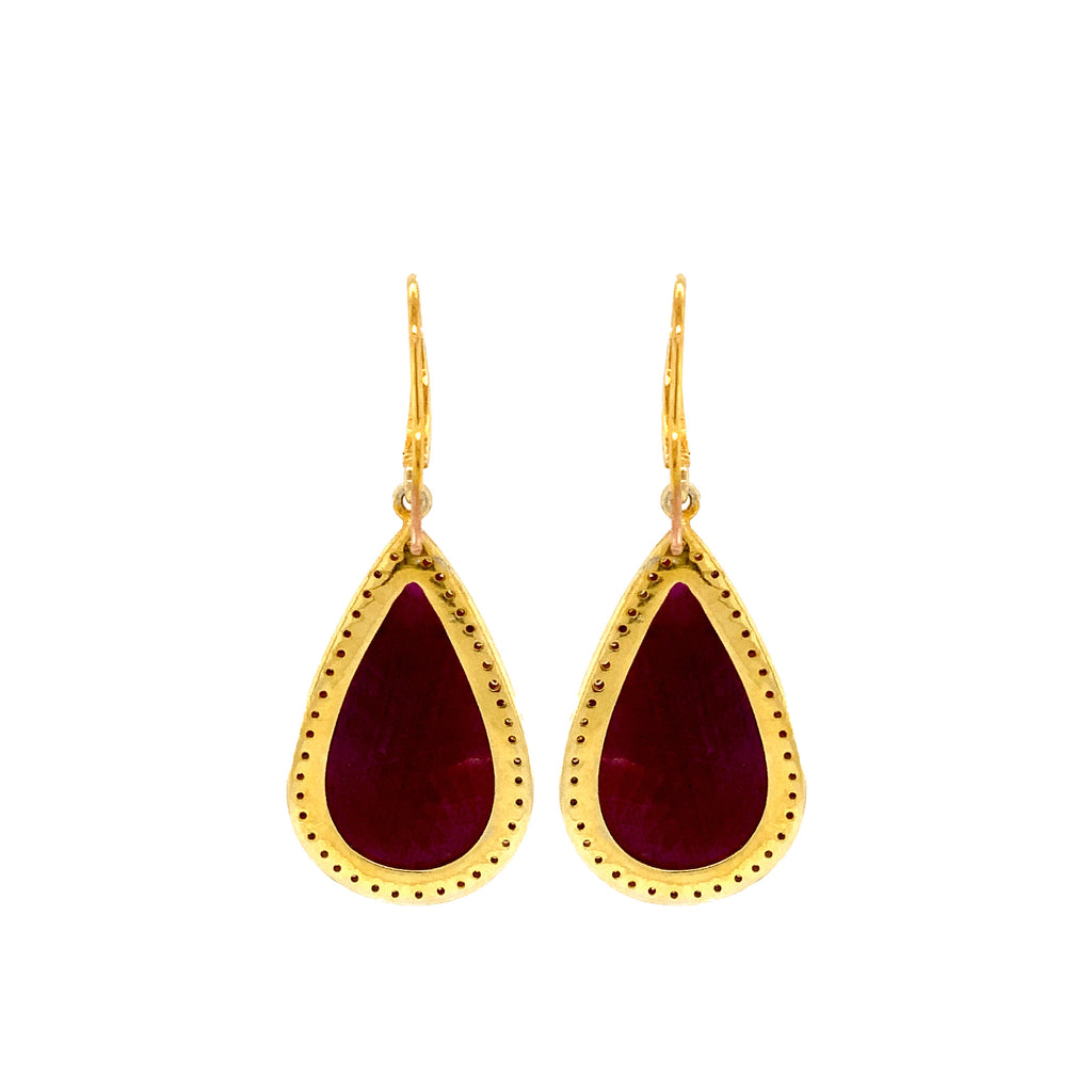 oxidized sterling silver and gold vermeil with dark pink sapphire and diamond teardrop earrings