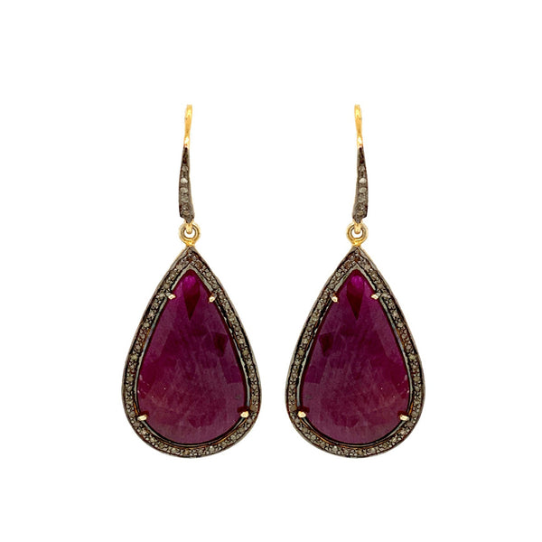 oxidized sterling silver and gold vermeil with dark pink sapphire and diamond teardrop earrings