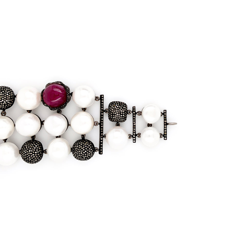 ruby, pearl and diamond oxidized silver statement bracelet
