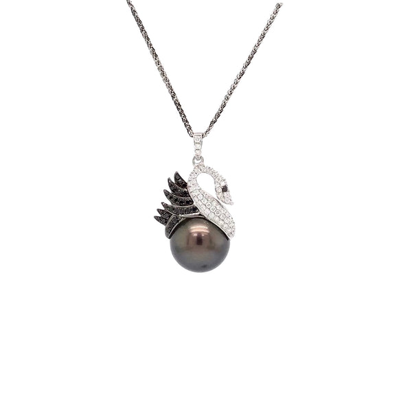 asba collection black swan  pavé diamond tahitian pearl pendant , diamond 0.38 ctw 14k white gold