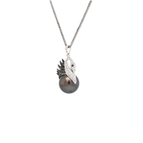 asba collection black swan  pavé diamond tahitian pearl pendant , diamond 0.38 ctw 14k white gold