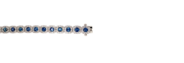 blue sapphire and diamond halo tennis bracelet in 14 kt white gold