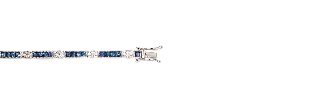 blue sapphire and diamond deco designed bracelet in 14 kt white gold