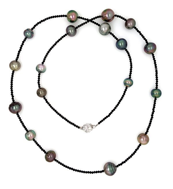  cultured tahitian black pearl and black spinal faceted beads 28 inch necklace.