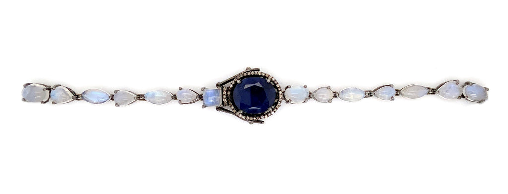 blue sapphire, moonstone, and diamond necklace handmade in sterling silver