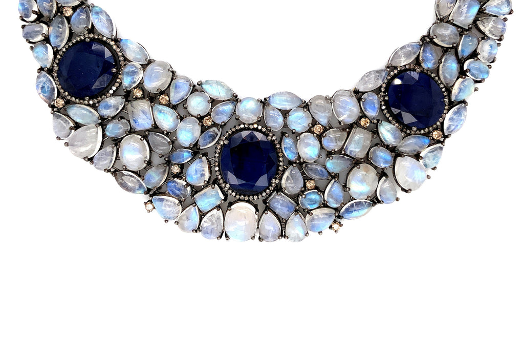 blue sapphire, moonstone, and diamond necklace handmade in sterling silver