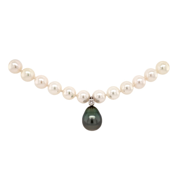 white akoya and south sea tahitian pearl and diamond drop necklace.