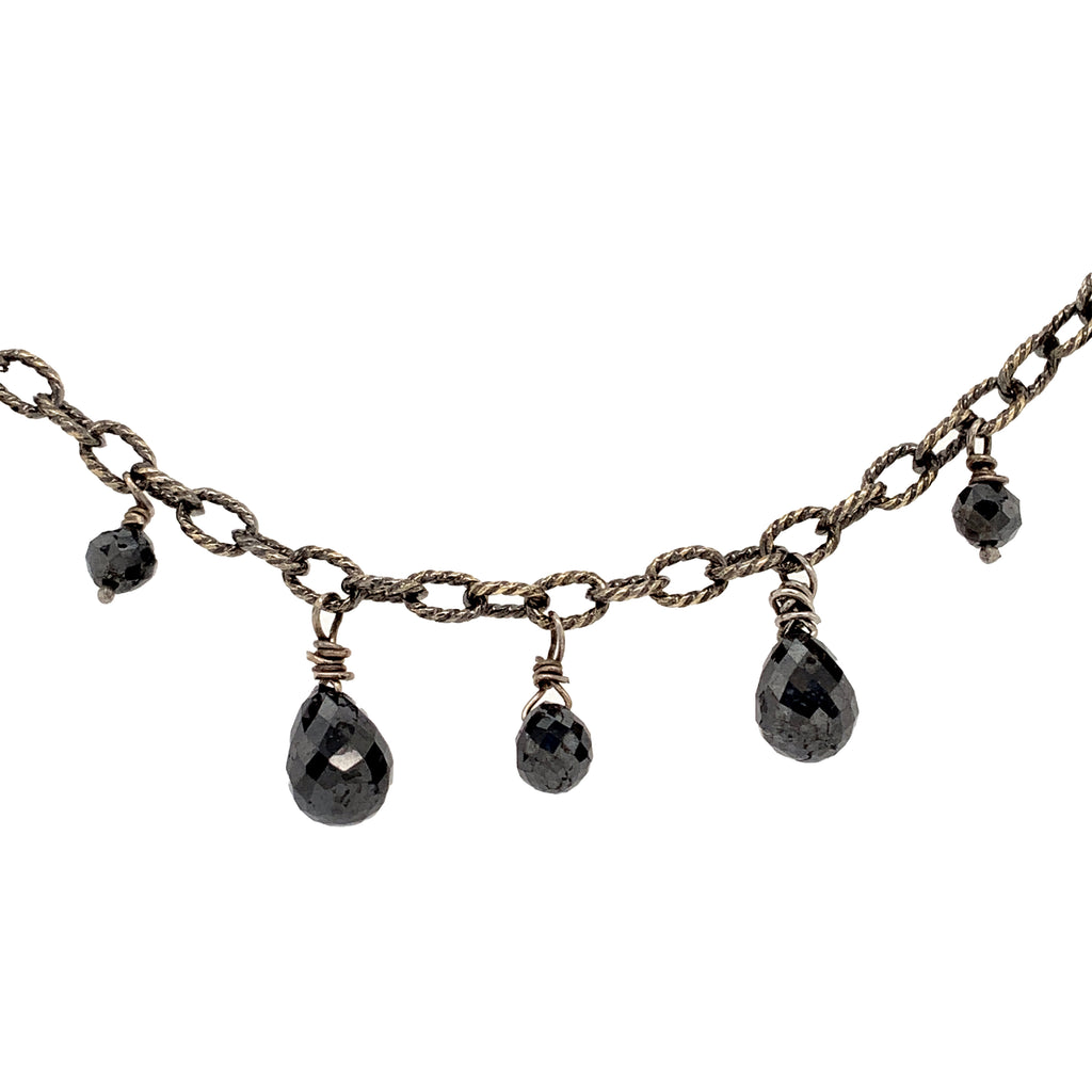 black diamond briolette bead necklace wire wrapped chain 14k white gold