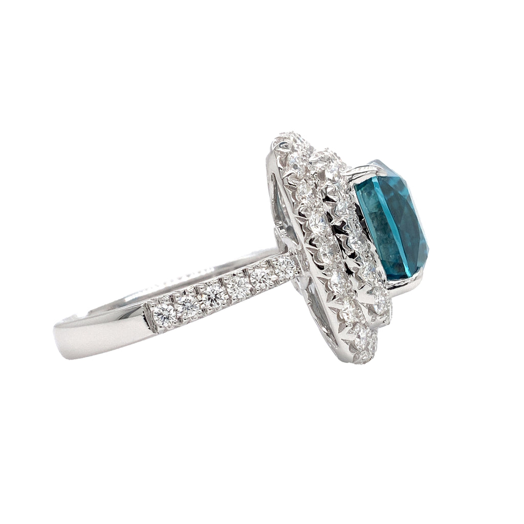 blue zircon gem quality and diamond 2 row halo statement ring 18 kt white gold